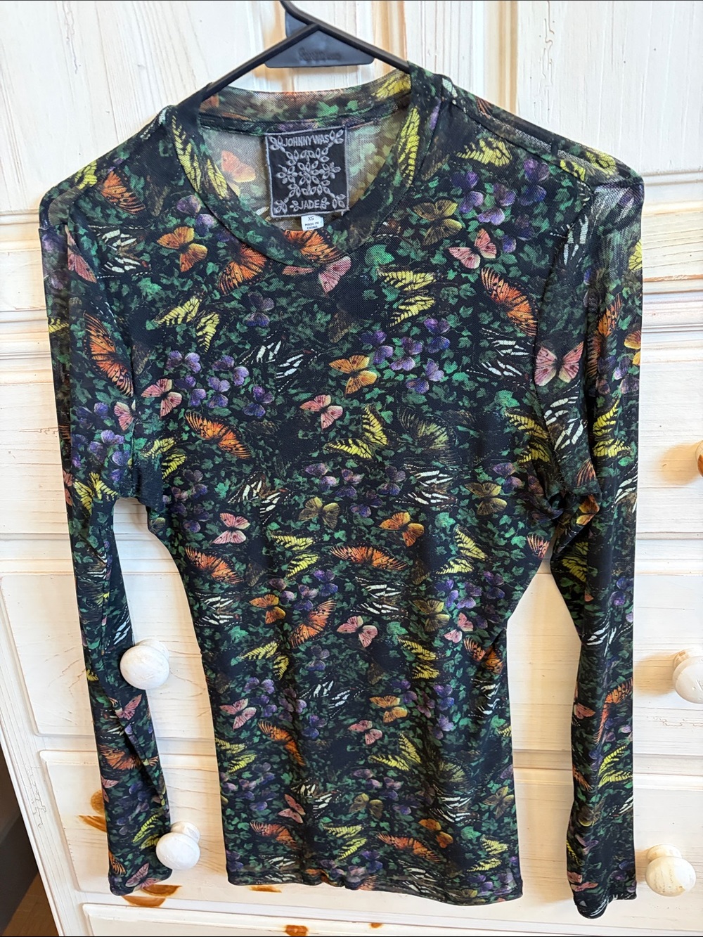 NWOT Johnny Was Black Sheer Floral & Butterfly Print Long-Sleeve Top